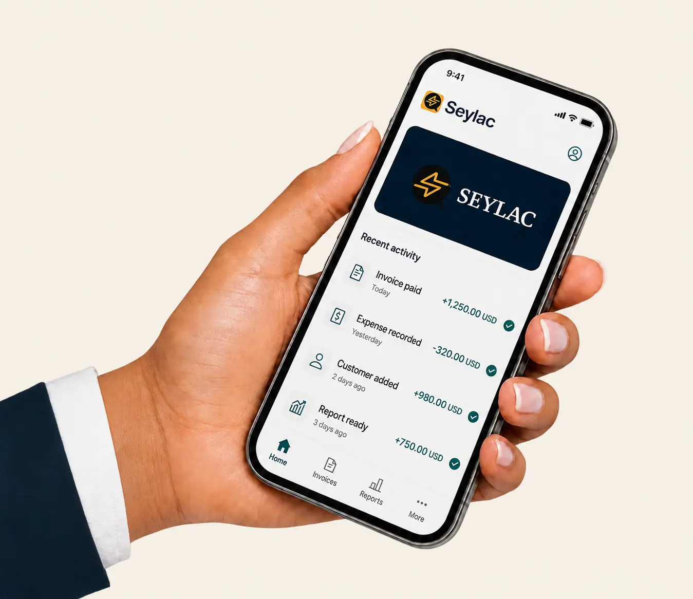 Seylac mobile workspace displayed on a phone held in one hand